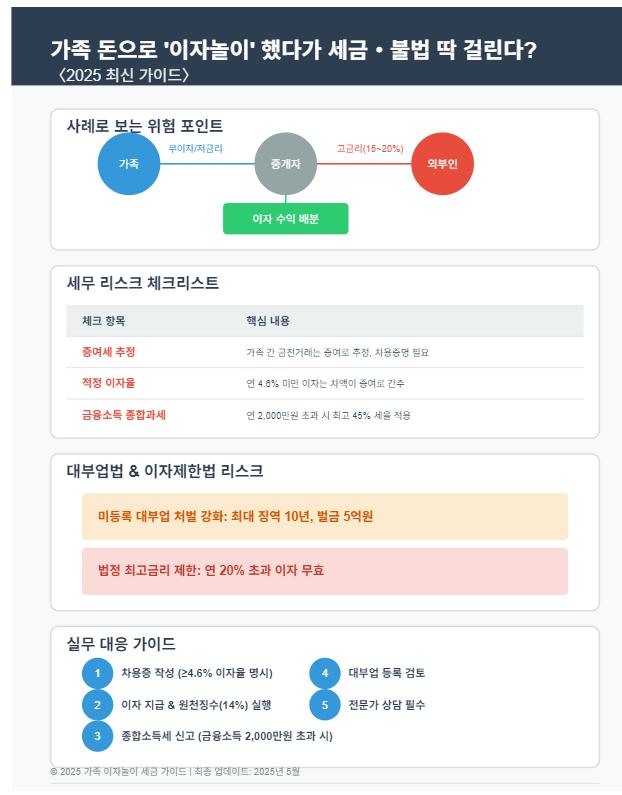 가족 간 이자놀이 시 증여세와 대부업법 위반 리스크를 보여주는 다이어그램 