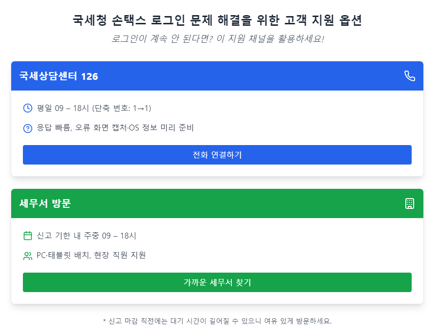 국세청 손택스 로그인 문제 해결을 위한 고객 지원 옵션 <로그인이 계속 안 된다면? 이 지원 채널을 활용하세요!