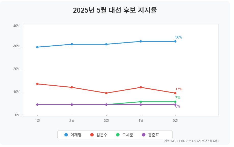 2025년 5월 대선 후보 지지율 그래프 캡션: 대선 후보 지지율 추이 (2025년 1월~5월)